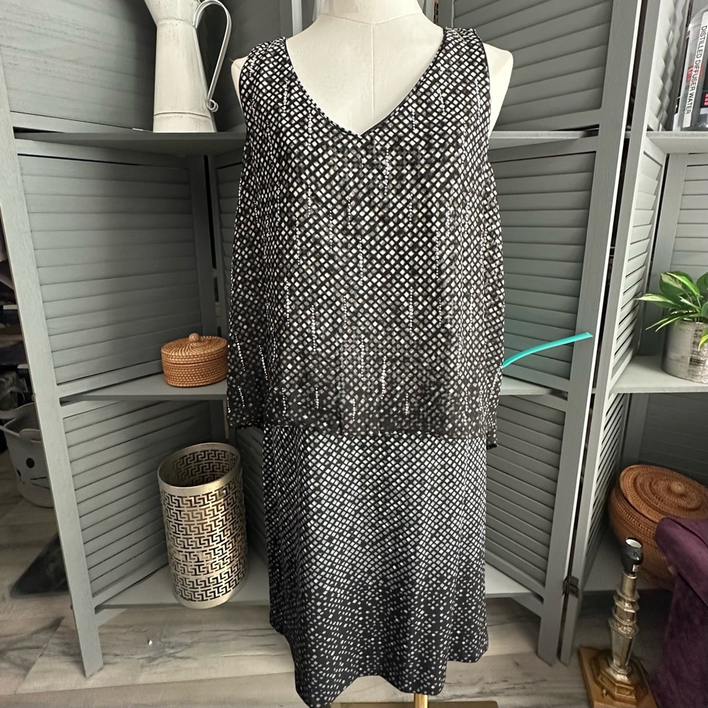 Black and White Geometric Dress With Chiffon Overlay by WHBM - NWTS!
